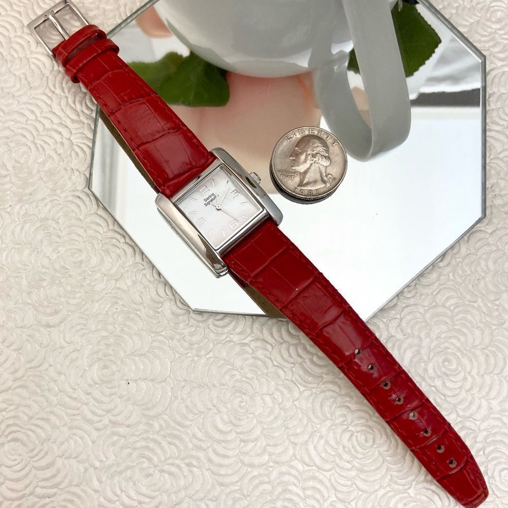 Sterling Signatures 925 Silver Tank Style Watch Mother of Pearl Dial Red Leather - Picture 9 of 16